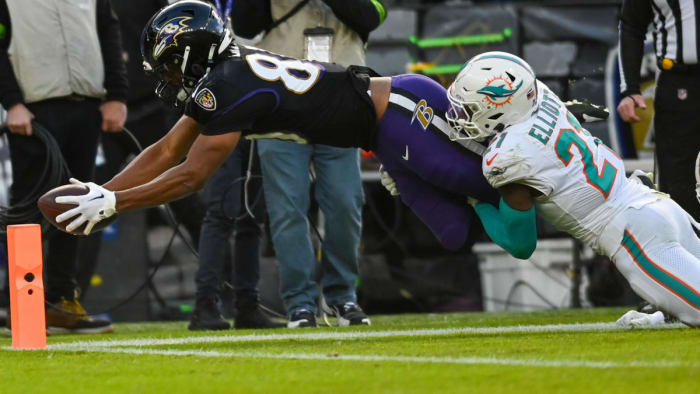 Isaiah Likely caught two touchdown passes in a win over the Miami Dolphins.